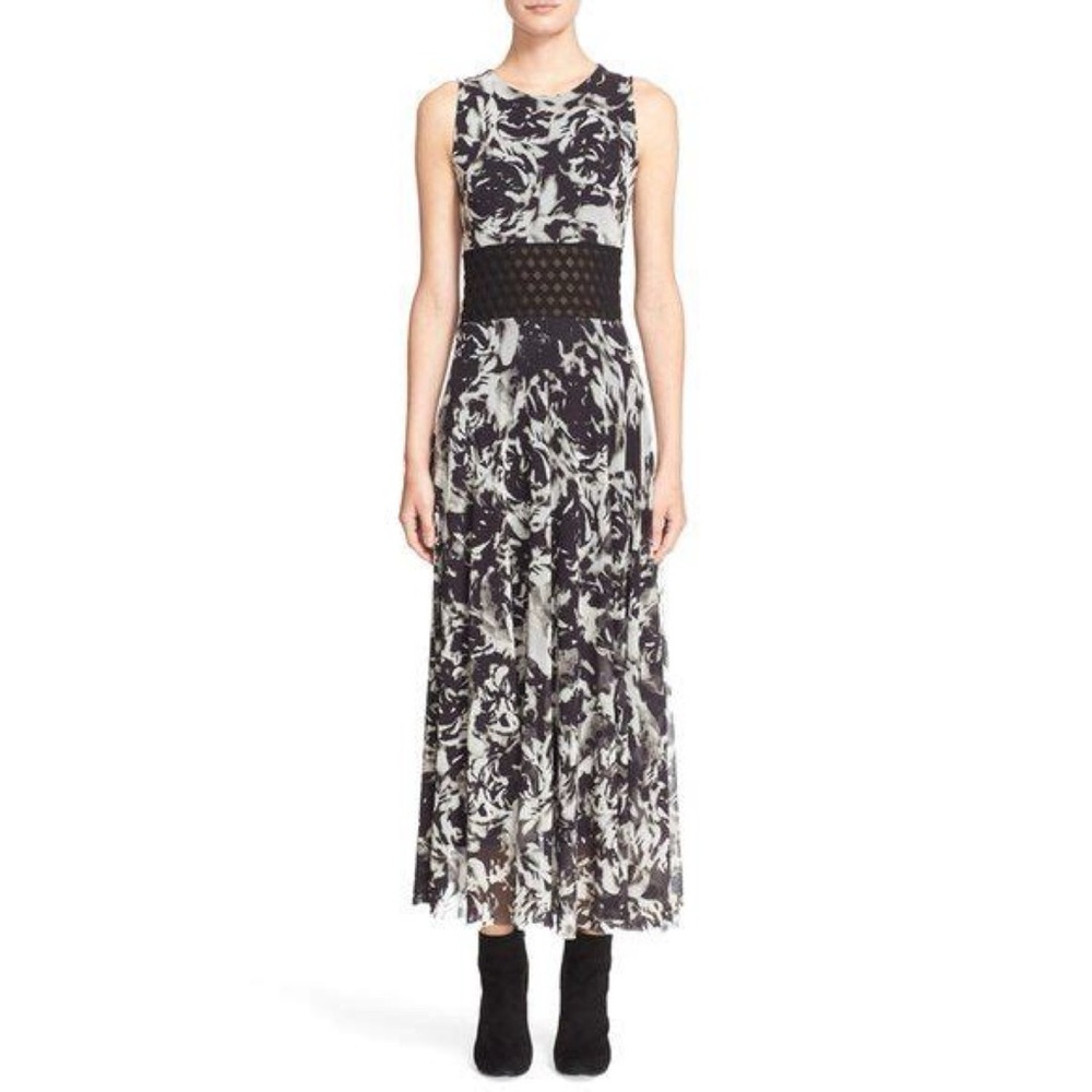 Fuzzi Cut-Out Sheer Waist Maxi Dress (Sz XL) Floral Print Black White Tulle